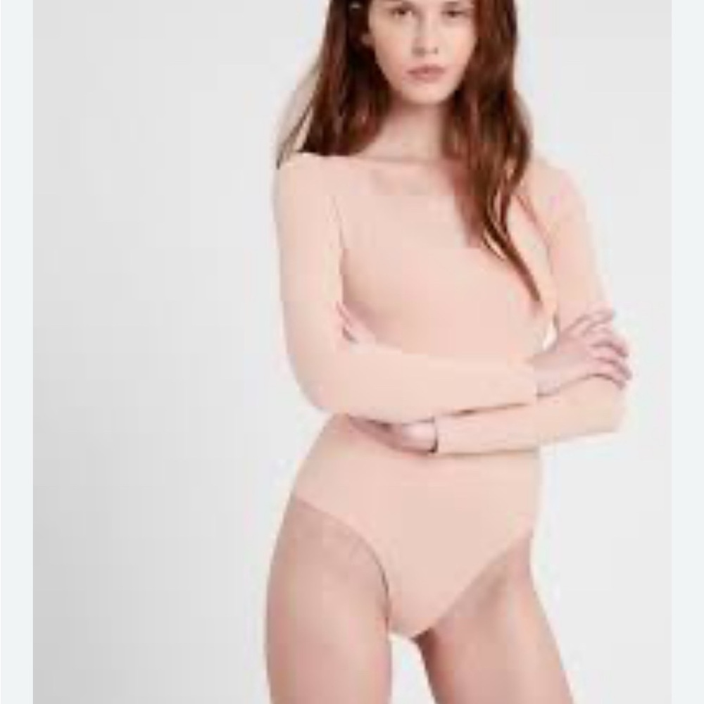 GAP Modern Square Neck Long Sleeve Bodysuit Pink Ribbed XS